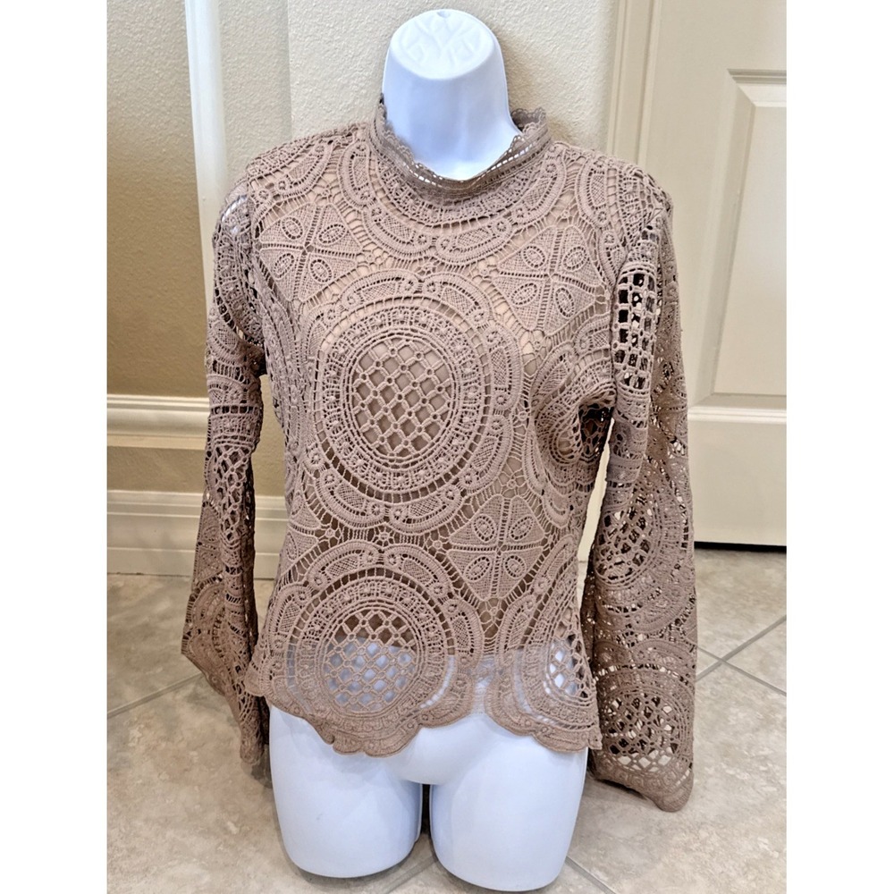 Ultra Pink Brown Crochet Lace Top Long Sleeve Lined Sz M Whimsigoth Boho Hippie